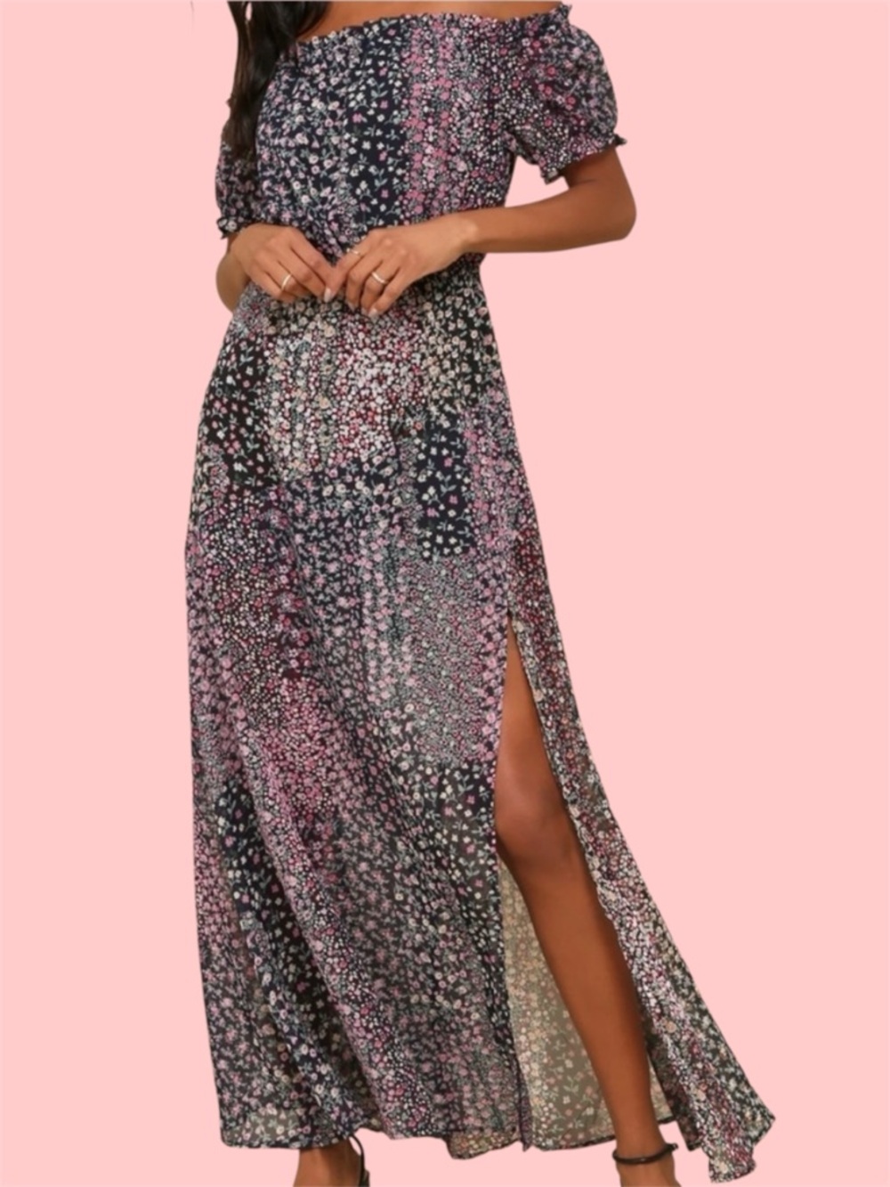 Lulu's Black & Pink Floral Off-Shoulder Maxi Dress